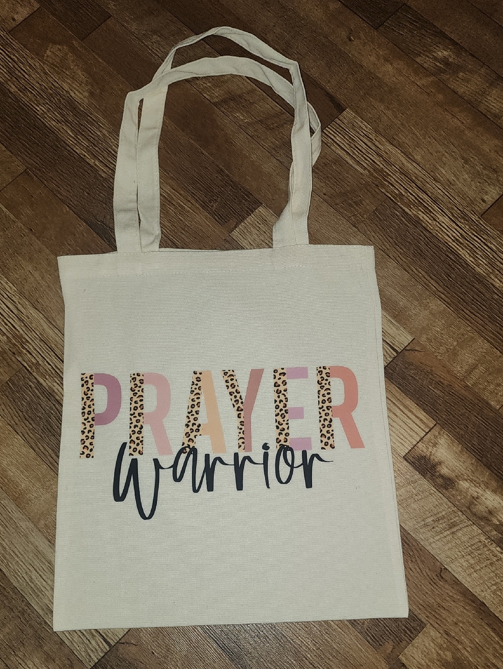 Prayer Warrior Canvas Tote Bag - Pink Leopard Accent. 13x15